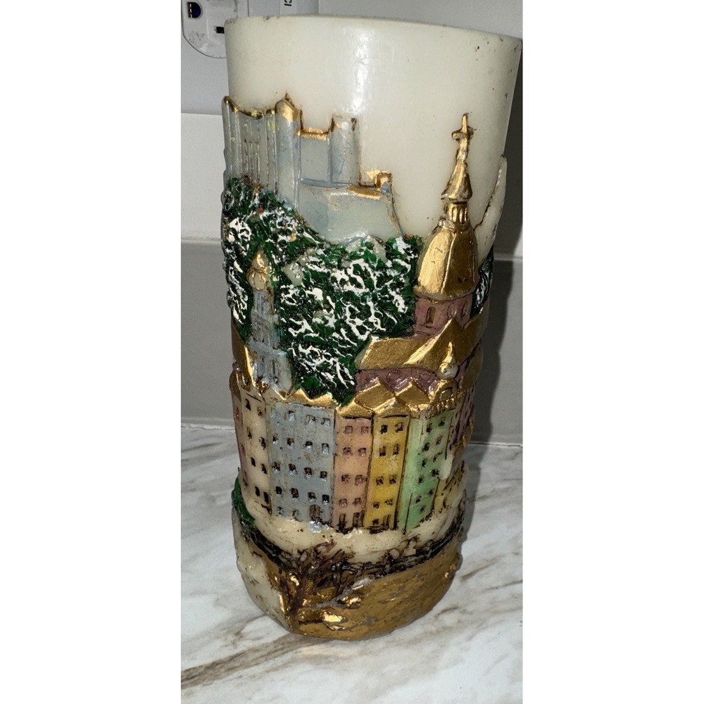 Large Vintage Winter City Decorative Candle 8 Tall 4 Thick - Picture 2 of 5